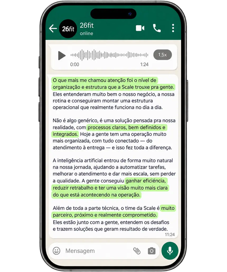 Mensagem de WhatsApp da 26fit sobre o trabalho da Scale Sales