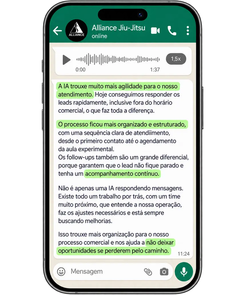 Mensagem de WhatsApp da Alliance Jiu-Jitsu sobre o trabalho da Scale Sales