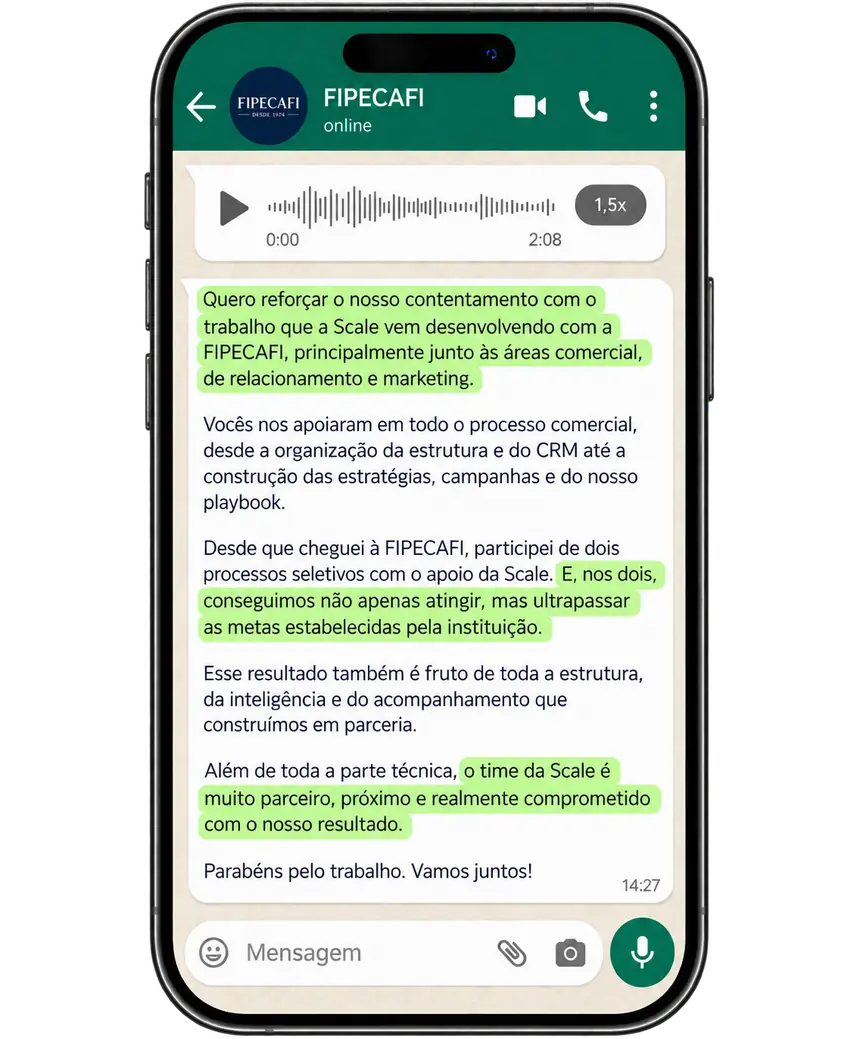 Mensagem de WhatsApp da FIPECAFI sobre o trabalho da Scale Sales